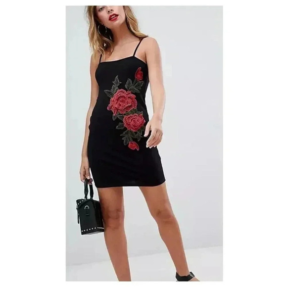 ASOS DESIGN Rose Applique Bodycon Mini Dress Size 2 Ribbed Black Sleeveless - Picture 1 of 9